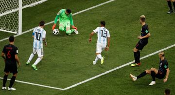 Danijel Subasic, Leo Messi and Maximiliano Meza.