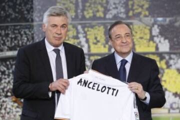 Ancelotti en su presentación como entrenador del Real Madrid en 2013 junto a Florentino Pérez