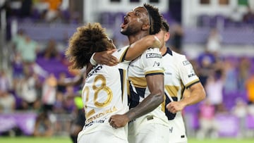Aug 2, 2025; Orlando, FL, USA; Pumas UNAM midfielder Adalberto Carrasquilla (28) reacts with Pumas UNAM defender Alvaro Angulo (77) after scoring a goal against Atlanta United FC in the second half at Inter&Co Stadium. Mandatory Credit: Nathan Ray Seebeck-Imagn Images