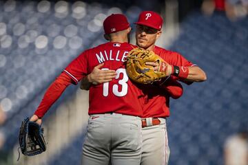 Sep 2, 2021; Washington, District of Columbia, USA; Philadelphia Phillies first baseman J.T. Realmuto (10) celebrates with third baseman Brad Miller (13) after the final out of the game against the Washington Nationals at Nationals Park. Mandatory Credit: