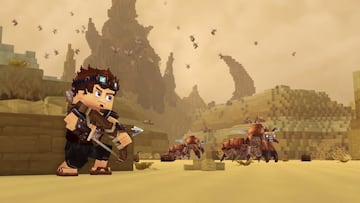 Una escena de Hytale, con el jugador enfrentándose a una imponente mazmorra repleta de peligros.