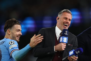 El jugador del City, Jack Grealish, no tuvo reparos en celebrar el pase a la final de la Champions con el exjugador de fútbol y comentarista televisivo, Jamie Carragher. 