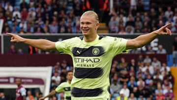 Manchester City's Erling Haaland celebrates scoring their side's first goal of the game during the Premier League match at Villa Park, Birmingham. Picture date: Saturday September 3, 2022. (Photo by Nick Potts/PA Images via Getty Images)