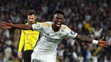 Soccer Football - Champions League - Final - Borussia Dortmund v Real Madrid - Wembley Stadium, London, Britain - June 1, 2024 Real Madrid's Vinicius Junior celebrates scoring their second goal  REUTERS/Carl Recine