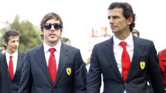 Ferrari Formula One drivers Fernando Alonso of Spain (C), compatriot Pedro de la Rosa (R) and  Kimi Raikkonen of Finland,  arrive for a memorial in Ayrton Senna&#039;s honour at the Imola race track, northern Italy May 1, 2014. A tribute event was held at