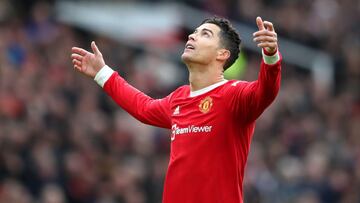 MANCHESTER, ENGLAND - FEBRUARY 26: Cristiano Ronaldo of Manchester United reacts during the Premier League match between Manchester United and Watford at Old Trafford on February 26, 2022 in Manchester, England. (Photo by Jan Kruger/Getty Images)