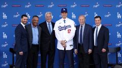 LOS ANGELES, CALIFORNIA - DECEMBER 14: (L-R) General Manager Brandon Gomes, Manager Dave Roberts, Owner and Chairman Mark Walter, Shohei Ohtani, President and CEO Stan Kasten, and President of Baseball Operations Andrew Friedman pose for a photo at Dodger Stadium on December 14, 2023 in Los Angeles, California.   Meg Oliphant/Getty Images/AFP (Photo by Meg Oliphant / GETTY IMAGES NORTH AMERICA / Getty Images via AFP)