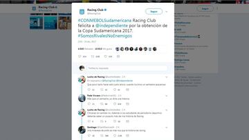 Racing felicitó a Independiente a través de Twitter