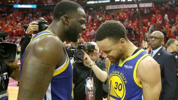 May 10, 2019; Houston, TX, USA; Golden State Warriors forward Draymond Green (23) and guard Stephen Curry (30) celebrate defeating the Houston Rockets in game six of the second round of the 2019 NBA Playoffs at Toyota Center. Mandatory Credit: Thomas B. Shea-USA TODAY Sports