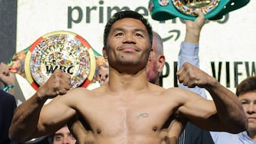 LAS VEGAS, NEVADA - JULY 18: Manny Pacquiao�poses during�a ceremonial weigh-in at MGM Grand Garden Arena on July 18, 2025 in Las Vegas, Nevada. Pacquiao, who announced he was coming out of retirement nearly four years after his last fight, is scheduled to challenge WBC welterweight champion Mario Barrios for his title on July 19 at MGM Grand Garden Arena. Ethan Miller/Getty Images/AFP (Photo by Ethan Miller / GETTY IMAGES NORTH AMERICA / Getty Images via AFP)