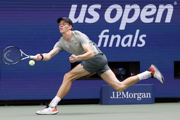 Jannik Sinner of Italy in action against Taylor Fritz of the United States during their men's final match of the US Open Tennis Championships