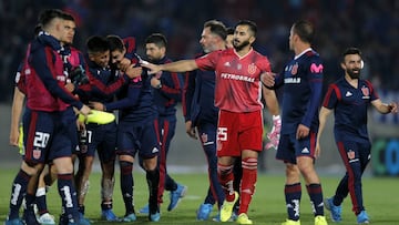 Futbol, Universidad de Chile vs Cobresal.
 Cuartos de final Copa Chile 2019.
 Los jugadores de Universidad de Chile celebran la victoria contra de Cobresal durante el partido de cuartos de final de la Copa Chile el estadio Nacional de Santiago, Chile.
 11/10/2019
 Javier Torres/Photosport  
 
 