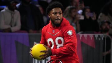 Feb 2, 2023; Henderson, NV, USA; Las Vegas Raiders running back Josh Jacobs (28) participates in dodge ball during the Pro Bowl Skills competition at the Intermountain Healthcare Performance Facility. Mandatory Credit: Kirby Lee-USA TODAY Sports