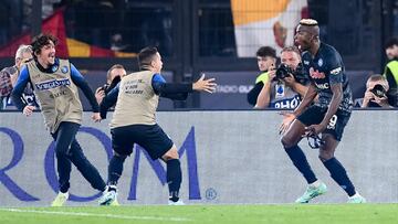 Victor Osimhen of SSC Napoli celebrates after scoring first goal during the Serie A match between AS Roma and SSC Napoli at Stadio Olimpico, Rome, Italy on 23 October 2022. (Photo by Giuseppe Maffia/NurPhoto via Getty Images)