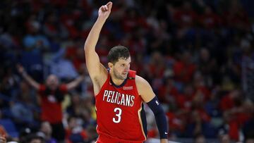 NEW ORLEANS, LA - OCTOBER 19: Nikola Mirotic #3 of the New Orleans Pelicans celebrates a score against the Sacramento Kings during the second half at the Smoothie King Center on October 19, 2018 in New Orleans, Louisiana. NOTE TO USER: User expressly acknowledges and agrees that, by downloading and or using this photograph, User is consenting to the terms and conditions of the Getty Images License Agreement.   Jonathan Bachman/Getty Images/AFP
 == FOR NEWSPAPERS, INTERNET, TELCOS &amp; TELEVISION USE ONLY ==