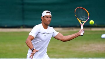 Rafael Nadal during a practice session ahead of the 2022 Wimbledon Championship at the All England Lawn Tennis and Croquet Club, Wimbledon. Picture date: Saturday June 25, 2022. (Photo by John Walton/PA Images via Getty Images)