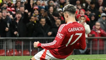 Manchester United's Argentinian midfielder #17 Alejandro Garnacho celebrates after scoring their first goal during the UEFA Europa League, League Phase football match between Manchester United and Bodoe/Glimt at Old Trafford stadium in Manchester, north west England, on November 28, 2024. (Photo by Oli SCARFF / AFP)