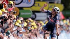 Cycling - Tour de France - Stage 2 - Perros-Guirec to Mur-de-Bretagne Guerledan - France - June 27, 2021 Alpecin&acirc;Fenix rider Mathieu van der Poel of the Netherlands celebrates as he crosses the finish line to win the second stage Pool via REUTERS/