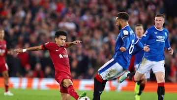 LIVERPOOL, ENGLAND - OCTOBER 04: Luis Diaz of Liverpool and Connor Goldson of Glasgow Rangers during the UEFA Champions League group A match between Liverpool FC and Rangers FC at Anfield on October 4, 2022 in Liverpool, United Kingdom. (Photo by Robbie Jay Barratt - AMA/Getty Images)