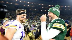 GREEN BAY, WISCONSIN - JANUARY 01: Adam Thielen #19 of the Minnesota Vikings talks with Aaron Rodgers #12 of the Green Bay Packers after the game at Lambeau Field on January 01, 2023 in Green Bay, Wisconsin.   Kayla Wolf/Getty Images/AFP (Photo by Kayla Wolf / GETTY IMAGES NORTH AMERICA / Getty Images via AFP)