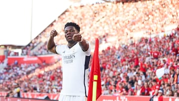 MALLORCA, SPAIN - APRIL 13: Aurelien Tchouameni of Real Madrid celebrates scoring his team's first goal during the LaLiga EA Sports match between RCD Mallorca and Real Madrid CF at Estadi de Son Moix on April 13, 2024 in Mallorca, Spain. (Photo by Rafa Babot/Getty Images)