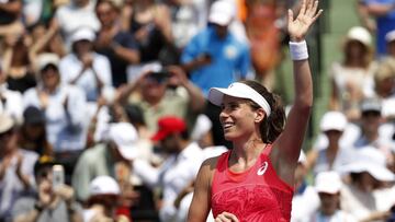 Apr 1, 2017; Key Biscayne, FL, USA; Johanna Konta of Great Britain waves to the crowd after her match against Caroline Wozniacki of Denmark (not pictured) in the women's singles championship of the 2017 Miami Open at Crandon Park Tennis Center. Konta won 6-4, 6-3. Mandatory Credit: Geoff Burke-USA TODAY Sports