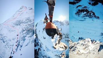 El Tuc de Sarrahèra (Val d'Aran), con la línea que Aymar Navarro siguió marcada en puntos rojos, una imagen 360 desde la cima y una en dron de la pala.