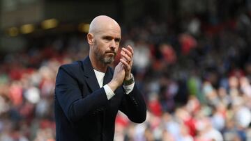 MANCHESTER, ENGLAND - AUGUST 07: Manchester United manager Erik ten Hag looks on during the Premier League match between Manchester United and Brighton & Hove Albion at Old Trafford on August 07, 2022 in Manchester, England. (Photo by Michael Regan/Getty Images)