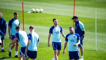 Hermoso, Saúl y Koke, en la sesión de entrenamiento del Atlético.