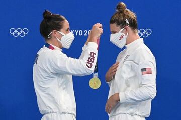 USA's players pose on the podium with their gold medals after the Tokyo 2020 Olympic Games women's water polo final