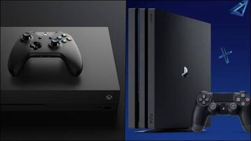 Xbox One X (2017) y PS4 Pro (2016), versiones mejoradas intergeneracionales, compatibles con resolución 4K de Microsoft y Sony.