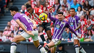 Athletic Bilbao's Spanish forward #10 Nico Williams (2L) scores their fifth goal and his second goal during the Spanish league football match between Athletic Club Bilbao and Real Valladolid FC at San Mames Stadium in Bilbao on February 23, 2025. (Photo by ANDER GILLENEA / AFP)