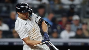 NEW YORK, NEW YORK - OCTOBER 02: Giancarlo Stanton #27 of the New York Yankees breaks his bat grounding out during the seventh inning against the Boston Red Sox in game three of the American League Wild Card Series at Yankee Stadium on October 02, 2025 in the Bronx borough of New York City. Ishika Samant/Getty Images/AFP (Photo by Ishika Samant / GETTY IMAGES NORTH AMERICA / Getty Images via AFP)
