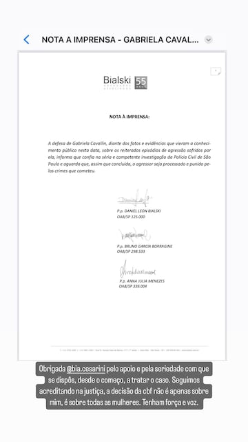 Publicación de Gabriela Cavallin en respuesta al comunicado de Antony.