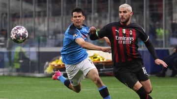 Milan (Italy), 12/04/2023.- AC Milan'Äôs Theo Hernandez (R) and Napoli'Äôs Hirving Lozano in action during the UEFA Champions League quarter-final first leg match between AC Milan and SSC Napoli at Giuseppe Meazza Stadium in Milan, Italy, 12 April 2023. (Liga de Campeones, Italia) EFE/EPA/MATTEO BAZZI
