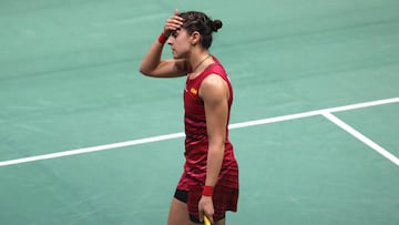 NDL103. New Delhi (India), 02/04/2017.- Spainís Carolina Marin reacts during her Womenís Singles Final Match against Indiaís P.V. Sindhu at the Yonex India Open Superseries 2017 badminton tournament in New Delhi, India, 02 April 2017. (España, Nueva Delhi) EFE/EPA/RAJAT GUPTA