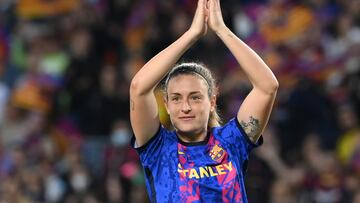 (FILES) In this file photo taken on April 22, 2022 Barcelona's Spanish midfielder Alexia Putellas celebrates their victory at the end of the UEFA Women's Champions League semi-final first-leg football match between FC Barcelona and VfL Wolfsburg at the Camp Nou stadium in Barcelona. (Photo by LLUIS GENE / AFP)