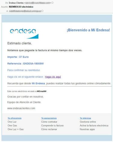 Cuidado con la falsa devolución de Endesa de 37€, es una estafa phishing