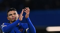 Chelsea's Brazilian defender #06 Thiago Silva applauds at the end of the English Premier League football match between Chelsea and Crystal Palace at Stamford Bridge in London on December 27, 2023. Chelsea wins 2 - 1 against Crystal Palace. (Photo by Glyn KIRK / AFP) / RESTRICTED TO EDITORIAL USE. No use with unauthorized audio, video, data, fixture lists, club/league logos or 'live' services. Online in-match use limited to 120 images. An additional 40 images may be used in extra time. No video emulation. Social media in-match use limited to 120 images. An additional 40 images may be used in extra time. No use in betting publications, games or single club/league/player publications. / 