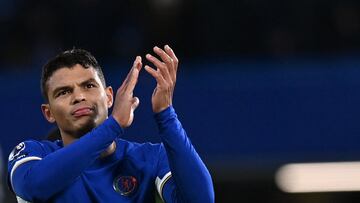 Chelsea's Brazilian defender #06 Thiago Silva applauds at the end of the English Premier League football match between Chelsea and Crystal Palace at Stamford Bridge in London on December 27, 2023. Chelsea wins 2 - 1 against Crystal Palace. (Photo by Glyn KIRK / AFP) / RESTRICTED TO EDITORIAL USE. No use with unauthorized audio, video, data, fixture lists, club/league logos or 'live' services. Online in-match use limited to 120 images. An additional 40 images may be used in extra time. No video emulation. Social media in-match use limited to 120 images. An additional 40 images may be used in extra time. No use in betting publications, games or single club/league/player publications. /