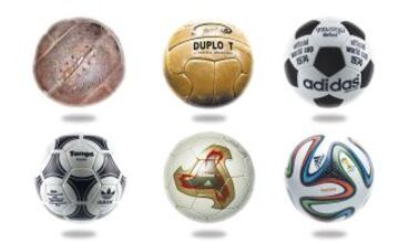 Muestra de la evolución de los balones en el Mundial a lo largo de la historia.