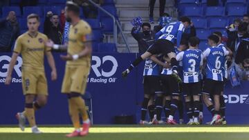 BARCELONA, SPAIN - DECEMBER 11: Sergi Darder of Espanyol celebrates with teammates after scoring their team&#039;s first goal during the La Liga Santander match between RCD Espanyol and Levante UD at RCDE Stadium on December 11, 2021 in Barcelona, Spain. 