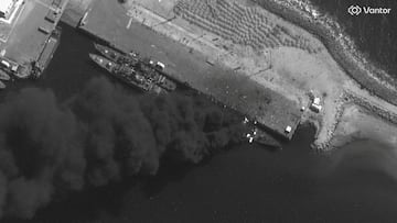 A satellite image shows a frigate on fire at the Konarak naval base in Iran, February 28, 2026. Vantor/Handout via REUTERS THIS IMAGE HAS BEEN SUPPLIED BY A THIRD PARTY. NO RESALES. NO ARCHIVES. MANDATORY CREDIT. MUST NOT OBSCURE LOGO. IMAGE IN BLACK AND WHITE FROM SOURCE
