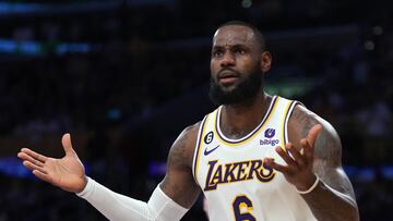 May 20, 2023; Los Angeles, California, USA; Los Angeles Lakers forward LeBron James (6) reacts in the second quarter against the Denver Nuggets during game three of the Western Conference Finals for the 2023 NBA playoffs at Crypto.com Arena. Mandatory Credit: Kirby Lee-USA TODAY Sports