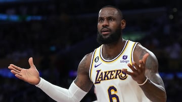 May 20, 2023; Los Angeles, California, USA; Los Angeles Lakers forward LeBron James (6) reacts in the second quarter against the Denver Nuggets during game three of the Western Conference Finals for the 2023 NBA playoffs at Crypto.com Arena. Mandatory Credit: Kirby Lee-USA TODAY Sports