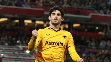 Soccer Football - FA Cup Third Round - Liverpool v Wolverhampton Wanderers - Anfield, Liverpool, Britain - January 7, 2023 Wolverhampton Wanderers' Goncalo Guedes celebrates scoring their first goal REUTERS/Phil Noble