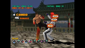 Demostración de ataques altos y medios en el modo práctica de Tekken 3.