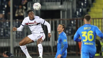 EMPOLI, ITALY - APRIL 1: Jhon Lucumi' of Bologna FC 1909 in action during the Coppa Italia Semi Final match between Empoli FC and FC Bologna at Stadio Carlo Castellani on April 1, 2025 in Empoli, Italy. (Photo by Gabriele Maltinti/Getty Images)