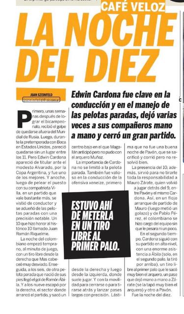 Olé destaca a Cardona como el mejor en la victoria de Boca