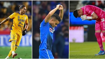 Carlos Salcedo (izq), Charly Rodr&iacute;guez (centro) y Ra&uacute;L Gudi&ntilde;o (der) durante la Jornada 2 de la Liga MX